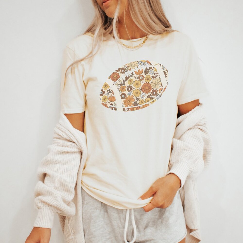 Flower Football Graphic Tee Boho Sports Shirt Fall Game Day Athletic Top - Picture 3 of 6
